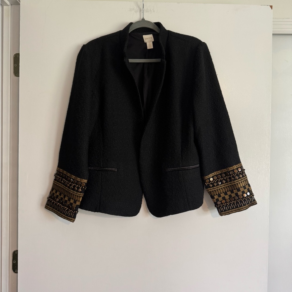 90’s Chico's Black Wool Blend Blazer with Gold Embellished Sleeves